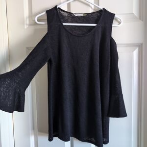 Black semi sheer bell sleeve 3/4 knit top or light sweater